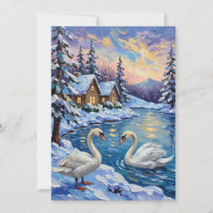 Cartes Pour Fêtes Annuelles Cygnes vintage sur un lac hivernal - Peinture de N