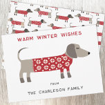 Cartes Pour Fêtes Annuelles Dachshund Chien amusant<br><div class="desc">Mignonne et adorable Dachshund Sausage ou Wiener chien dans un pull tricoté rouge et blanc festif. Modifiez les noms et le message d'accueil pour personnaliser. Art original de Nic Squirrell.</div>