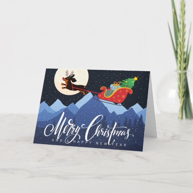 Cartes Pour Fêtes Annuelles Dachshund Deer Sleigh Mountain Moon neige Noël (Devant)