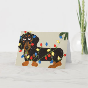 Cartes Pour Fêtes Annuelles Dachshund emmêlé dans les lumières de Noël Noir/Ta