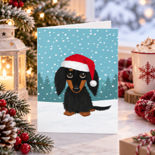 Cartes Pour Fêtes Annuelles Dachshund noir et feu à poil long Santa Noël
