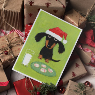 Cartes Pour Fêtes Annuelles Dachshund Père Noël avec du lait et des cookies No