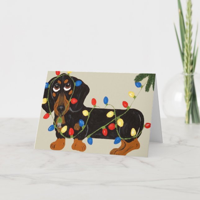 Cartes Pour Fêtes Annuelles Dachshund Tangée Dans Les Lumières De Noël Blk/Tan (Devant)