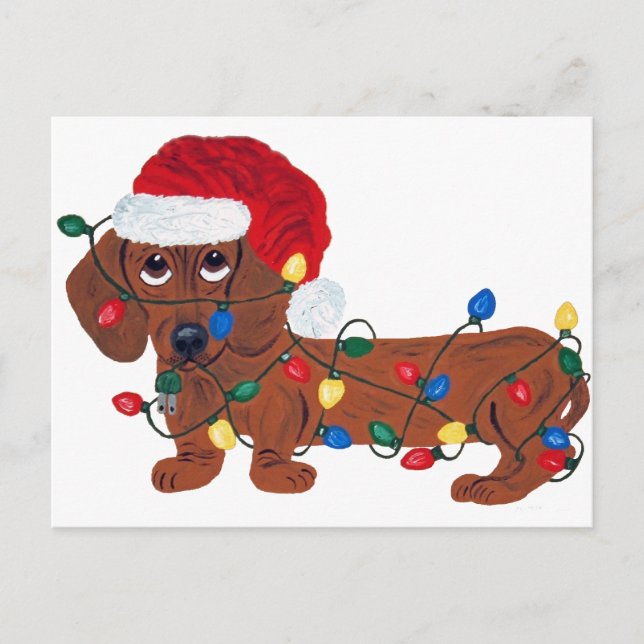 Cartes Pour Fêtes Annuelles Dachshund Tangée Dans Les Lumières De Noël (Rouge) (Devant)