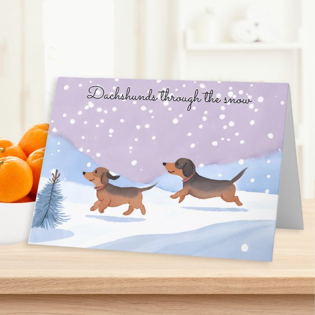 Cartes Pour Fêtes Annuelles Dachshunds à travers la neige saucisse chien Noël (A Christmas card with picture of two cute sausage dogs and caption 'Dachshunds through the snow')
