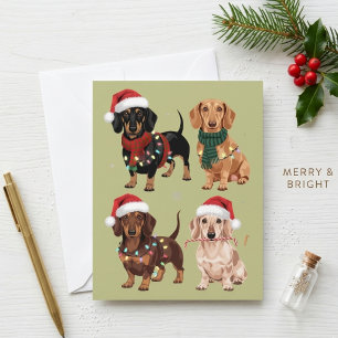 Cartes Pour Fêtes Annuelles Dachshunds de Noël mignons avec chapeaux et écharp