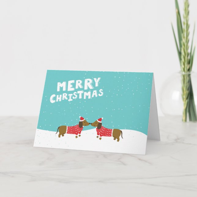 Cartes Pour Fêtes Annuelles Dachshunds s'embrassant dans la neige Joyeux Noël (Devant)