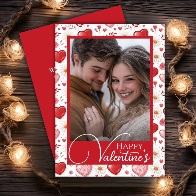 Cartes Pour Fêtes Annuelles Daisy and Hearts Happy Valentine's Custom Photo (Daisy And Hearts Happy Valentine's Custom Photo Holiday Card)