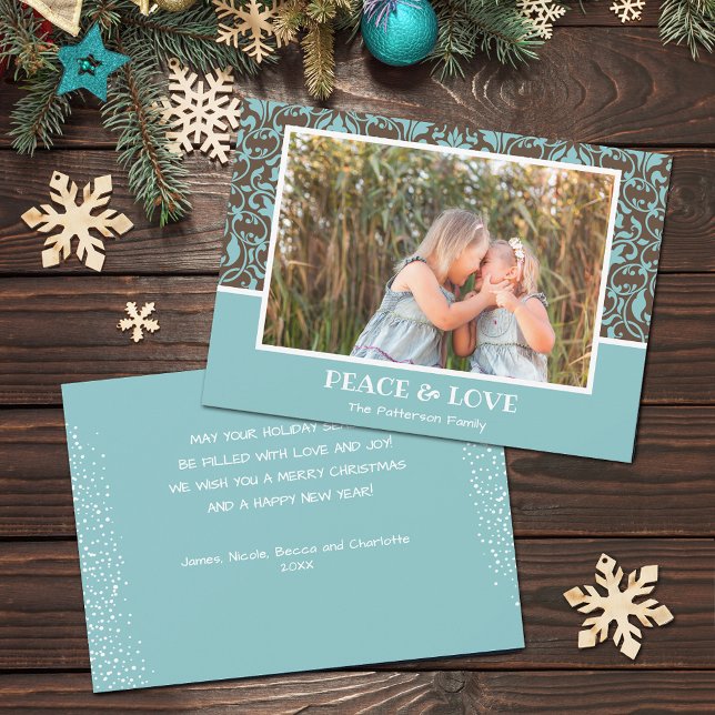 Cartes Pour Fêtes Annuelles Damask Aqua Brown Christmas Photo (Turquoise and brown damask design Christmas photo holiday cards, PRINTED and/or INSTANT DOWNLOAD)
