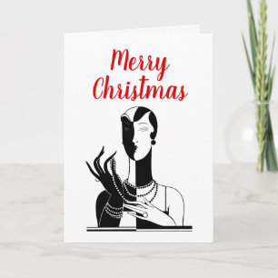 Cartes Pour Fêtes Annuelles Dame Art déco de Noël avec Pearls Black Transp