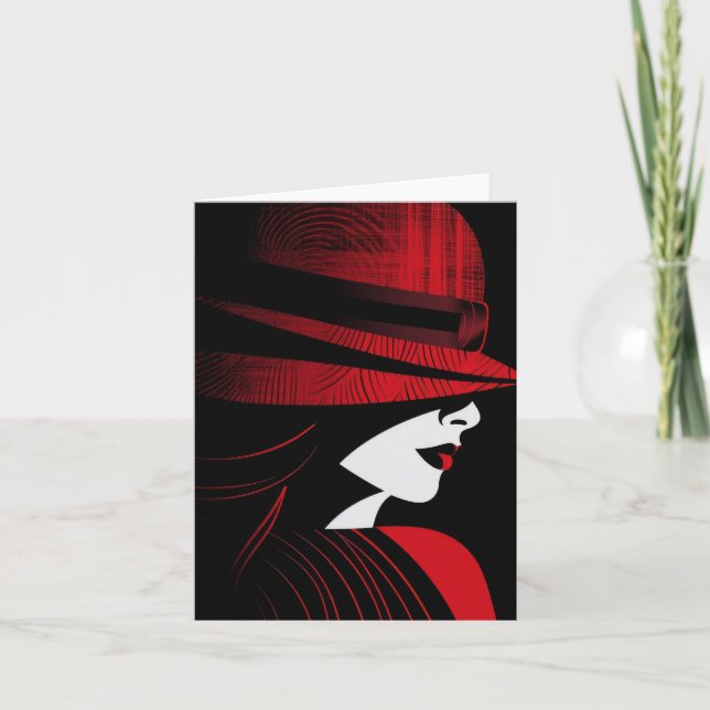 Cartes Pour Fêtes Annuelles Dame Art Déco Rouge et Noire avec Chapeau (Devant)