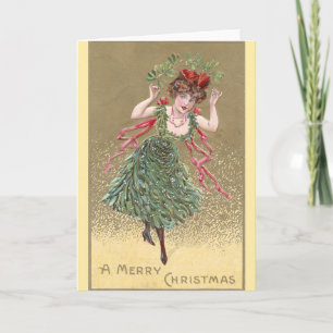 Cartes Pour Fêtes Annuelles Dame avec Mistletoe Robe Vintage Noël