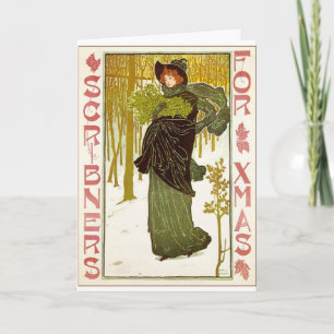 Cartes Pour Fêtes Annuelles Dame de l'Art Nouveau vintage avec Mistletoe