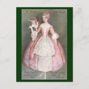 Cartes Pour Fêtes Annuelles Dame en Robe rose avec Bouquet Nouvel An Vintage