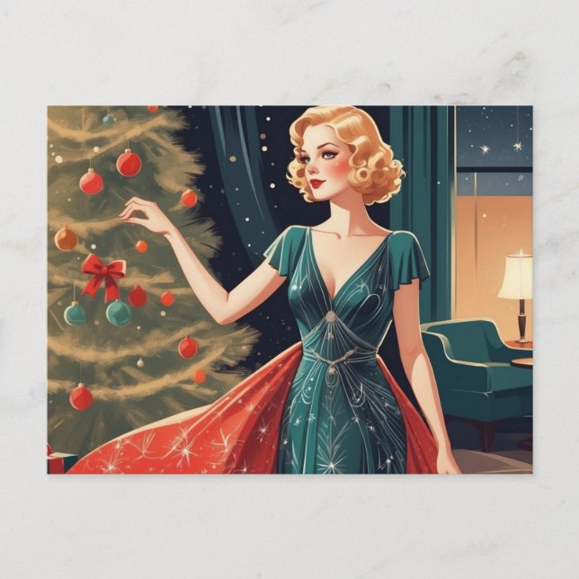 Cartes Pour Fêtes Annuelles Dame rétro en jolie robe, arbre de Noël (Devant)