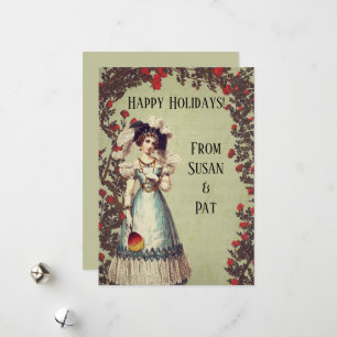 Cartes Pour Fêtes Annuelles Dame victorienne dans la Rose rouge jardin avec ve