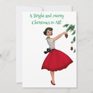Cartes Pour Fêtes Annuelles Dame vintage 1950 décorant un arbre de Noël