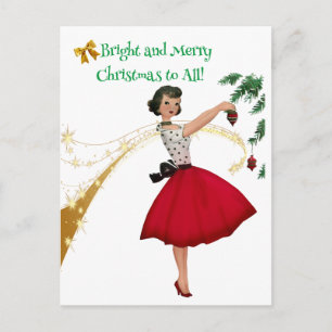 Cartes Pour Fêtes Annuelles Dame vintage 1950 décorant un arbre de Noël