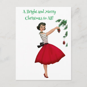 Cartes Pour Fêtes Annuelles Dame vintage 1950 décorant un arbre de Noël