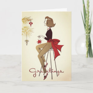 Cartes Pour Fêtes Annuelles Dame vintage des années 1950 décorant un arbre