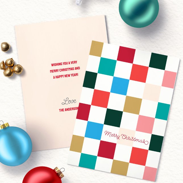 Cartes Pour Fêtes Annuelles Damier Coloré Moderne  (Modern Colorful Checkerboard Merry Christmas Script Typography flat holiday card)