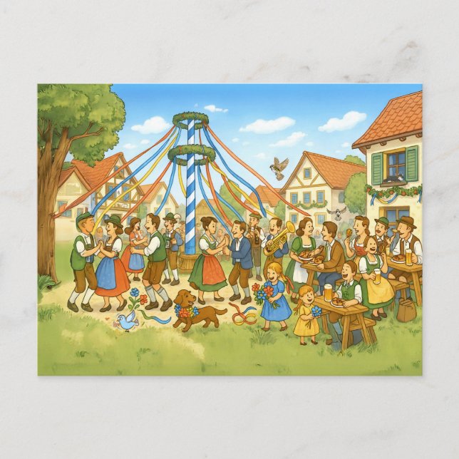 Cartes Pour Fêtes Annuelles Danse sous Maypole dans le village bavarois (Devant)
