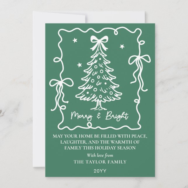 Cartes Pour Fêtes Annuelles Dark Green Merry & Bright White Hand Drawn Tree (Devant)