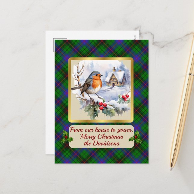 Cartes Pour Fêtes Annuelles Davidson Tartan w/Robin Personalized   (Devant/Arrière en situation)