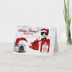 Cartes Pour Fêtes Annuelles de l'Office vétérinaire Christmas Cat et Bulldog