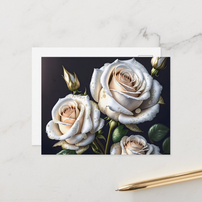 Cartes Pour Fêtes Annuelles De magnifiques roses blanches aux détails dorés (Devant/Arrière en situation)