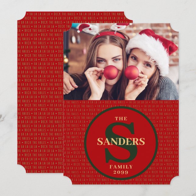 Cartes Pour Fêtes Annuelles Deck the Halls Monogrammed Holiday Photo (Devant / Derrière)