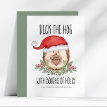 Cartes Pour Fêtes Annuelles Deck the Hog Hedgehog Santa Holly Christmas<br><div class="desc">Share some holiday humor with this woodland animal theme Christmas card featuring a cute watercolor hedgehog in a Santa hat framed by holly boughs and berries, holding a rustic wood sign. Caption says "Deck The Hog With Boughs Of Holly". Greeting inside the wood sign (shown with Happy Holidays") can be...</div>