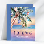 Cartes Pour Fêtes Annuelles Deck the Palms Beach Christmas<br><div class="desc">Célébrez les vacances avec charme côtier ! 🌴 ✨ Cette carte de Noël aquarelle présente une scène de plage au crépuscule avec un palmier festif décoré comme un sapin de Noël dans des ornements et des lampes à cordes. Le ciel scintille d'étoiles tôt le soir au-dessus d'un 🌅 de soleil...</div>