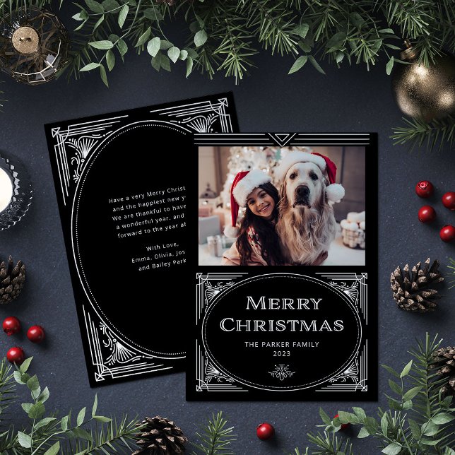 Cartes Pour Fêtes Annuelles Déco moderne | Elégant noir avec photo (An elegant, art deco style black Christmas card)