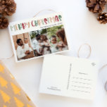 Cartes Pour Fêtes Annuelles Décontracté Coloré Noël Trois photos<br><div class="desc">Cette décontractée carte postale de Noël colorée à trois photos est parfaite pour votre accueil de Noël amusant, créatif et lumineux. C'est une police moderne unique et ludique en rouge, tan boho, et vert clair et foncé, pour une agréable sensation de saison. Si vous cherchez à égayer l'hiver sombre de...</div>