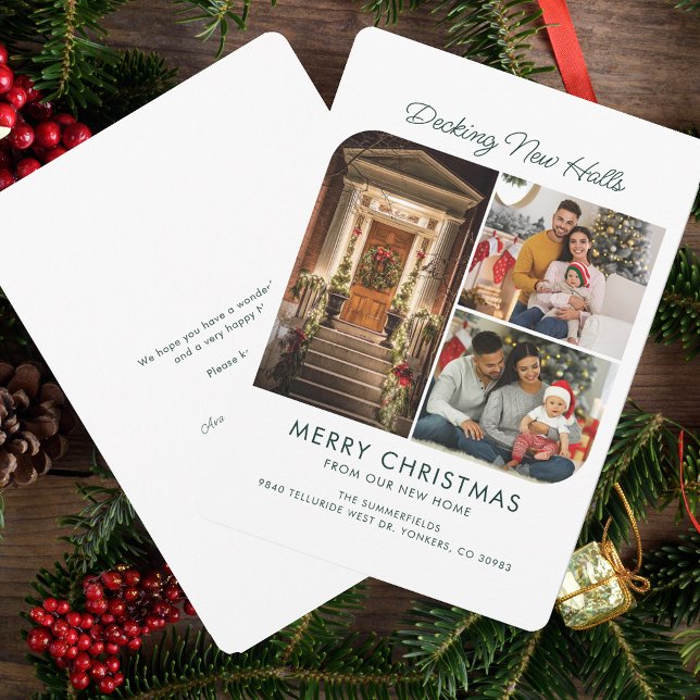 Cartes Pour Fêtes Annuelles Découvrir de nouvelles salles Nous avons déménagé  (Decking New Halls Elegant Christmas Family Photo Collage Moving Announcement)