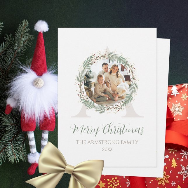 Cartes Pour Fêtes Annuelles Deep Sage Wreath Monogram Photo Christmas (Deep Sage Wreath Photo Christmas Greeting Minimali Holiday Card ©Susanne Sachers - Sunny Mind 🌞)