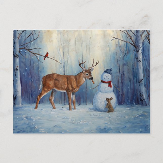Cartes Pour Fêtes Annuelles Deer et Happy Snowman hiver de vacances scène (Devant)