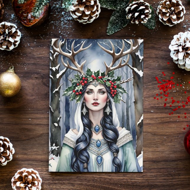 Cartes Pour Fêtes Annuelles Déesse solstice d'hiver dans la forêt (Winter Solstice Yule Goddess in a snowy forest)