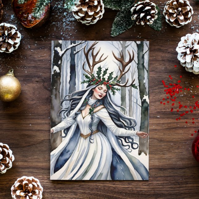 Cartes Pour Fêtes Annuelles Déesse solstice d'hiver dans la forêt (Winter Solstice Yule Goddess in a snowy forest)