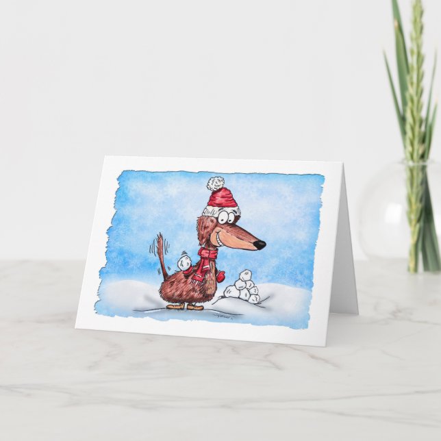 Cartes Pour Fêtes Annuelles Définir un bon mini-Dachshund avec Snowball Holida (Devant)