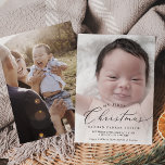 Cartes Pour Fêtes Annuelles Délicat Ma première photo de naissance de bébé de<br><div class="desc">Cette délicate carte de vacances photo de naissance de bébé de Noël est la bienvenue de vacances moderne parfaite. Le design minimaliste romantique présente une belle et élégante typographie noire à l'aspect épuré et simple. Personnalisez la carte avec la photo, le nom, les informations de faire-part de naissance et le...</div>
