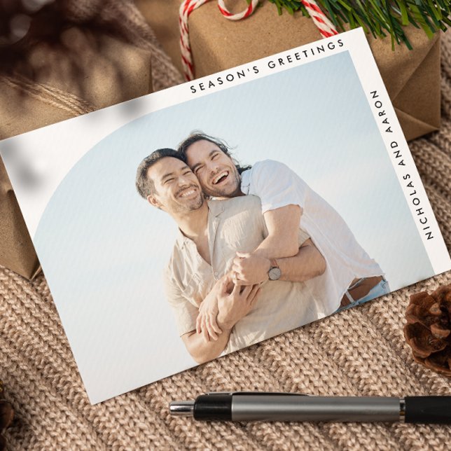 CARTES POUR FÊTES ANNUELLES DEMI-ARCH SIMPLE NOËL VACANCES DEUX PHOTOS (BOHO ARCH SHAPED SINGLE PHOTO CHRISTMAS HOLIDAY GREETING CARD, EXTRA PHOTO ON THE BACK. GAY LESBIAN )