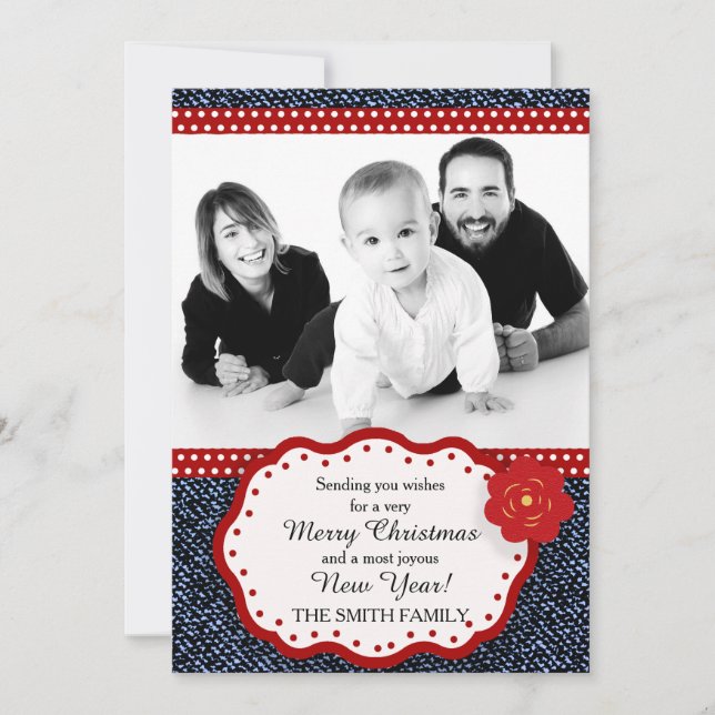 Cartes Pour Fêtes Annuelles Denim avec Polka Rouge et Blanc Photo Point Noël (Devant)