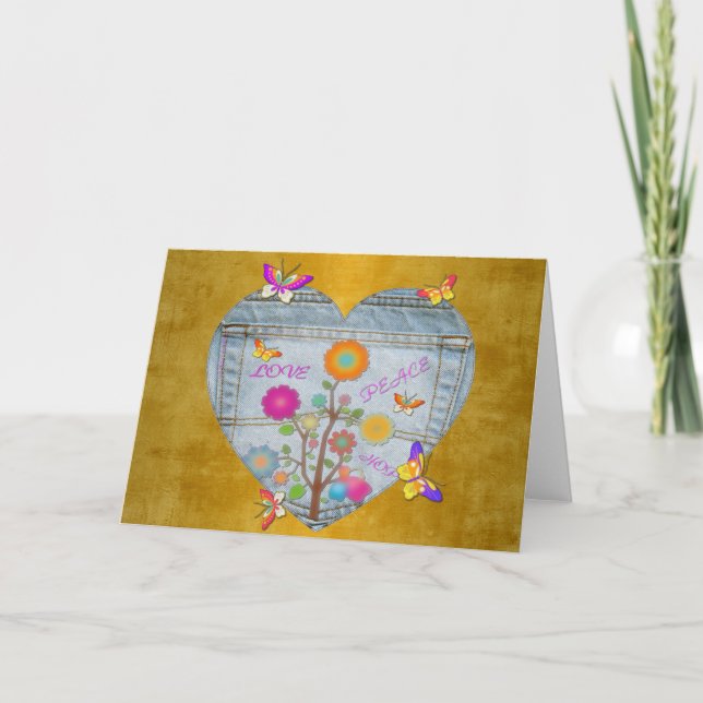 Cartes Pour Fêtes Annuelles Denim Pocket Heart Flowers Papillons sur Or (Devant)