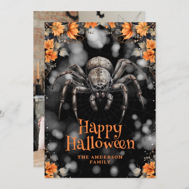 Cartes Pour Fêtes Annuelles Déplaisant Spider Floral Photo Happy Halloween Car (Devant / Derrière)