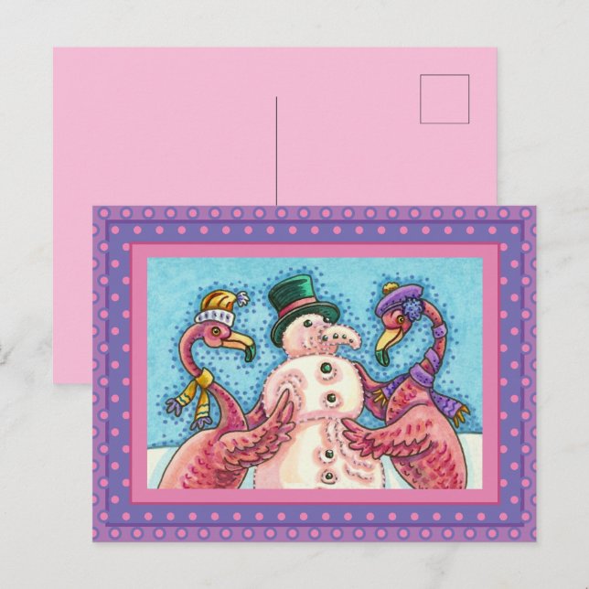 CARTES POUR FÊTES ANNUELLES DES FLAMANTS ROSES ROSES FABRIQUENT DE LA NEIGE, D (Devant / Derrière)