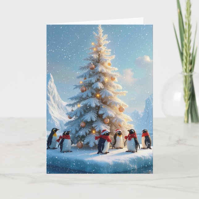 Cartes Pour Fêtes Annuelles Des pingouins se rassemblent autour d'un arbre de  (Devant)