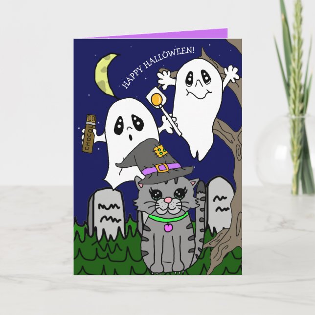 Cartes Pour Fêtes Annuelles Dessin à main Chat Halloween Salutations (Devant)