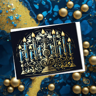 Cartes Pour Fêtes Annuelles Dessin Abstrait de Menorah Gold Blue